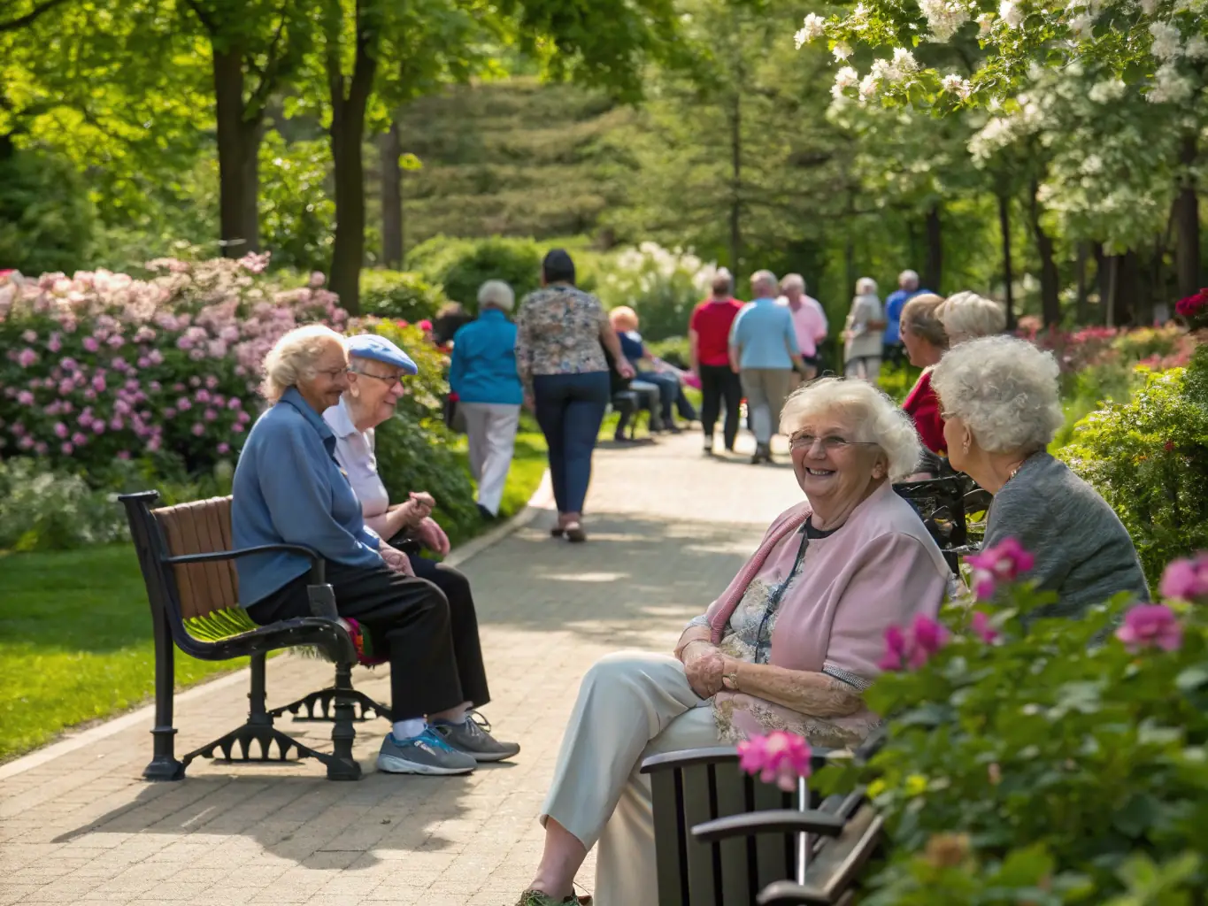 A group of smiling seniors are gathered around a table, engaged in a lively discussion, with travel brochures and maps spread out, symbolizing the supportive community aspect of Wiser Living Alliance.