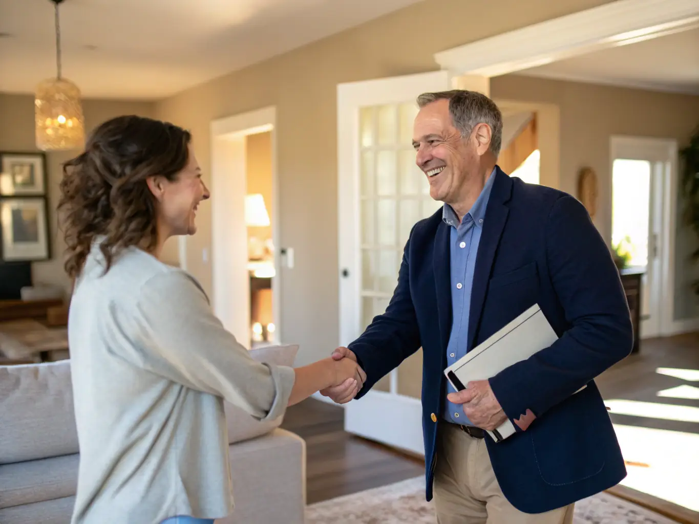 An image of a senior man shaking hands with a service provider, with a backdrop of a comfortable and accessible home, representing the trusted partners of Wiser Living Alliance.